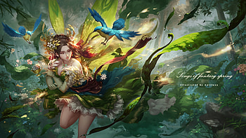 Songs of fantasy spring, frumusete, art, bird, gorgeous, girl, spring, superb, antilous chao, antilous, pasari HD wallpaper