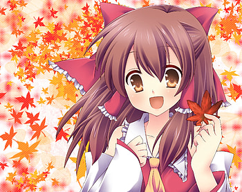 Hakurei Reimu, eyes, , girl, orange, background, brown, anime, yellow, red, touhou, hakurei, , leaf, happy, reimu, hair HD wallpaper