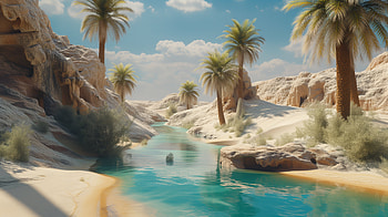 Desert Oasis Serenity, desert oasis, desert, oasis, palm tree, river HD wallpaper