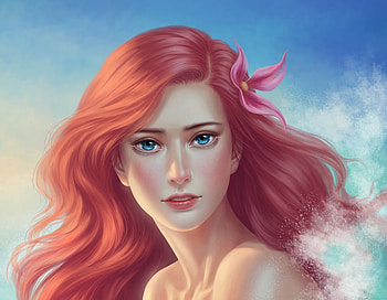 Ariel, mermaid, frumusete, girl, pink, flower, crystal rain, face, luminos, redhead HD wallpaper