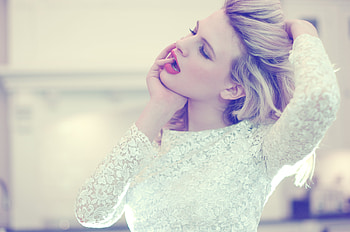Thinking of You..., graphy, lace, beauty, nice, delicate, lips, sensual, sexy, white, model, blond, art, girl, beautiful, woman, pretty, red, face, sensitive, hair HD wallpaper