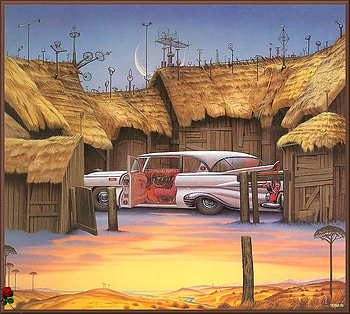 The Space Barn, horizon, antenna, moon, art, car HD wallpaper
