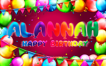 Happy Birtay Alannah, , colorful balloon frame, Alannah name, purple background, Alannah Happy Birtay, Alannah Birtay, popular american female names, Birtay concept, Alannah HD wallpaper