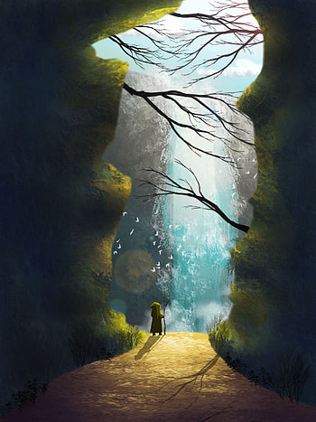 Art, Waterfall, Cave, Traveler, Wayfarer HD phone wallpaper