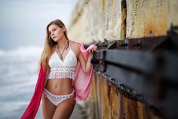 Bikini Model in a Knitted Bikini, outdoors, bikini, model, blonde HD wallpaper