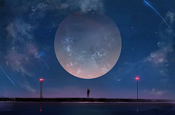 Huge Moon Anime Girl Night Sky Stars, anime-girl, anime, moon, stars, sky, night, deviantart HD wallpaper