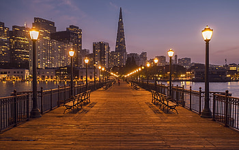 Pier 7 in San Francisco, pier, San Francisco, America, lights HD wallpaper