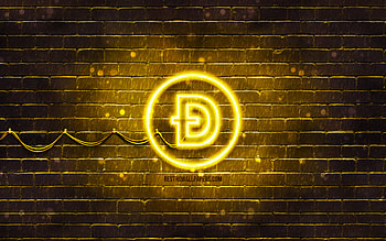 Dogecoin yellow logo, , yellow brickwall, Dogecoin logo, cryptocurrency, Dogecoin neon logo, Dogecoin HD wallpaper