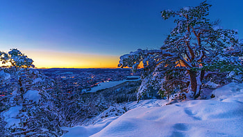Winter morning at dawn, sky, snow, hills, trees, colors, landscape HD wallpaper