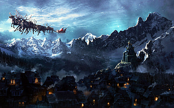 Santa's Sledge, night, valles, lights, christmas, houses, mountains, xmas, village HD wallpaper