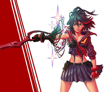 Kill la Kill, blue, black, shirt, beauty, lady, short hair, rude, female, skirt, white, art, sword, ribbon, girl, woman, anime, red, weapon, lovely HD wallpaper