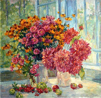 Cheskidova Olga. The window in the summer, still life, painting, cheskidova olga, window, art, flower HD wallpaper