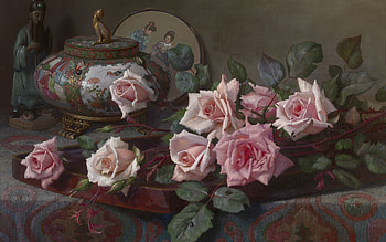 Memories of Asia, art, pascal de beucker, rose, pink, asia, painting, pictura, flower, trandafir HD wallpaper