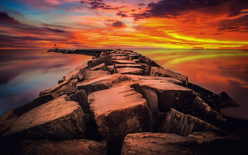 Rocky Sea, pier, dawn, sky, rocks HD wallpaper