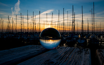 Sunset, Reflection, Macro, Pier, Glass, Ball, Wharf HD wallpaper