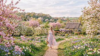 Pastel Spring Stroll to Cottage —, Woman HD wallpaper