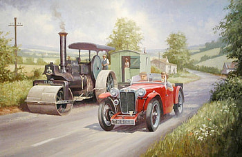 Test Drive in The Country, painting, rural, car, drive, country, vintage, traction engine, MG HD wallpaper