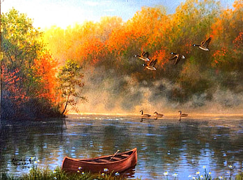 Smoke on the Lake, fall, colors, paintings, beautiful, love four seasons, lakes, boats, trees, autumn, flying birds, nature, lovely HD wallpaper