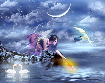 :), blue, bird, girl, fairy, summer, pink, goldenfish, moon, fantasy, luna, swan, fish, pasari, water, vara HD wallpaper