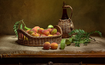 Apricot Still Life, basket, still life, apricots, bottle HD wallpaper