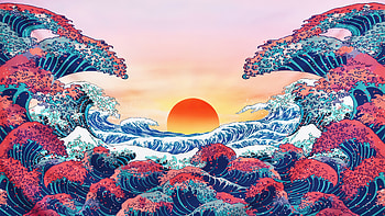The Great Wave Off Kanagawa , sunrise, artist, artwork, digital-art HD wallpaper