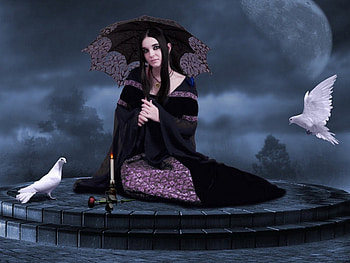 Night with Doves, night, doves, moon, woman HD wallpaper