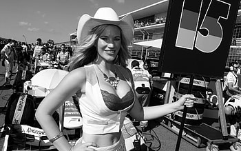 Grand Prix Cowgirl, race track, cowgirl, blonde, black and white, hat HD wallpaper