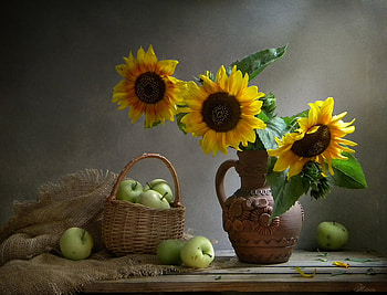Still life with Sunflowers, Apples, Flowers, Pot, Basket HD wallpaper