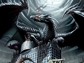 dragon, wings, building, city HD wallpaper