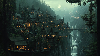 Elven City: Enchanted Fantasy in Ultra, fantasy, elven city, village, waterfall, night HD wallpaper