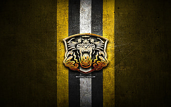 Nottingham Panthers, golden logo, Elite League, yellow metal background, english hockey team, Nottingham Panthers logo, hockey HD wallpaper