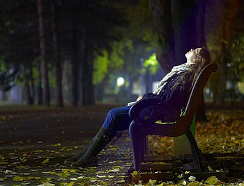 Long day, bench, resting, lights, trees, girl, evening, park HD wallpaper