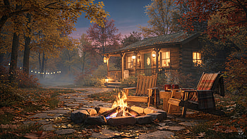 Campfire, Cabin, Forest, Autumn HD wallpaper