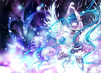 Angel Miku, radical, glow, awesome, artistic, nice, scenery, array, contrast, hatsune, aqua eyes, sexy, hatsune miku, art, orb, twintail, hot, girl, singer, aqua, purple, anime girl, shiney, anime, pretty, drawing, light, ball, angeloid, smoke, virtual, blue, song, feathers, cute, angel, vocaloid, dress, beauty, miku, music, painting, planet, abstract, vocaloids, thighhighs, shine, majestic, program, skirt, wings, dance, beautiful, diva, pink, aqua hair, cool, clouds, idol HD wallpaper