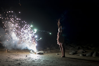 Woman, Fireworks, Night, Beach HD wallpaper