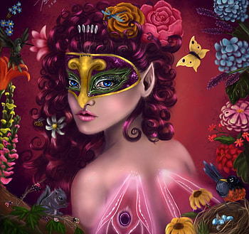 moods of the forest, mask, roses, butterfly, fantasy, girl, forest HD wallpaper