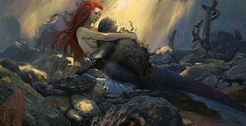 Mermaid, frumusete, fantasy, art, xuan liu, redhead, luminos, siren HD wallpaper