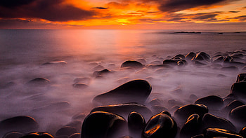 Black Stones Rocks With Fog Ocean Waves During Sunset Nature HD wallpaper