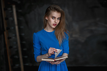 Blue dress, girl model, redading, book HD wallpaper