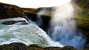 Part of Gullfoss Falls, Iceland, as dusk sets in, landscape, river, water, rocks HD wallpaper