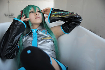 Hatsune Miku by Saya, awesome, uniform, nice, tub, hatsune, aqua eyes, laying, cosplayer, sexy, model, outfit, white, hatsune miku, twintail, hot, headset, aqua, closed eyes, anime, pretty, cosplay, black, heads, leggings, cute, vocaloid, actress, beauty, miku, vocaloids, thighhighs, , skirt, beautiful, tie, gray, aqua hair, cool, saya, bathtub, micro HD wallpaper