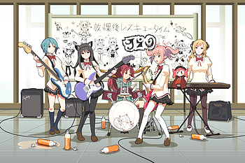 mahou shoujo madoka magica, instrument k on, guitar, akemi homura, parody, miki sayaka, kyuubee, charlottem, animal ears, group HD wallpaper