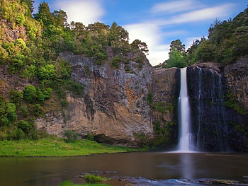 peaceful place, falls, clouds, trees, water HD wallpaper