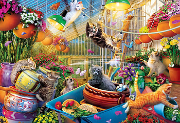 Greenhouse Gone Wild, flowers, pots, kitten, painting, lamps, cats HD wallpaper
