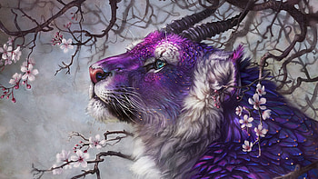 Fantasy tiger, luminos, spring, frumusete, art, horns, tiger, gorgeous, superb, purple, pink, fantasy, tigru HD wallpaper