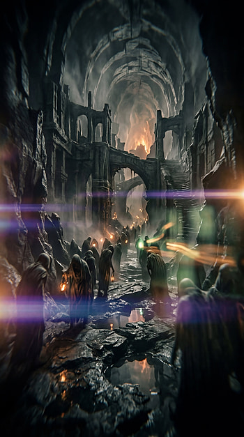 Underworld Descent — , cave, ruin, hooded figure HD phone wallpaper