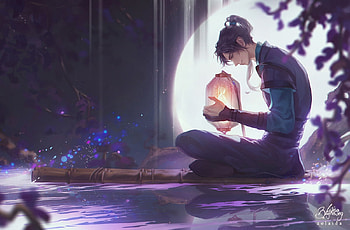 Don't be afraid, I'm here, shizun, moon, art, fantasy, man, lisa buijteweg, lantern, night, purple, luna HD wallpaper