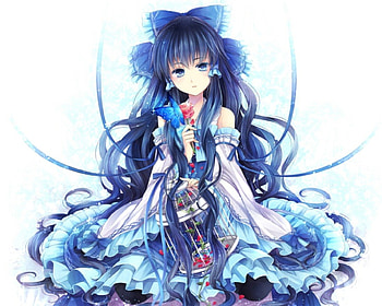 Hakurei Reimu, blue, cute, floral, long hair, dress, beauty, butterfly, wing, petals, flower, maiden, female, blossom, shrine maiden, wings, sweet, blue eyes, divine, ribbon, blue hair, girl, beautiful, cage, kawaii, anime girl, anime, pretty, touhou, reimu, gown, lovely HD wallpaper