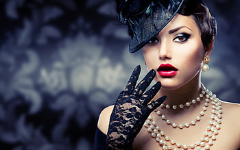 Beauty, girl, anna subbotina, hat, glove, black, model, lace, woman, jewel, pearl, red, face, lips HD wallpaper