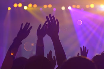Silhouettes of a lively audience with raised hands at an energetic nightclub event. HD wallpaper